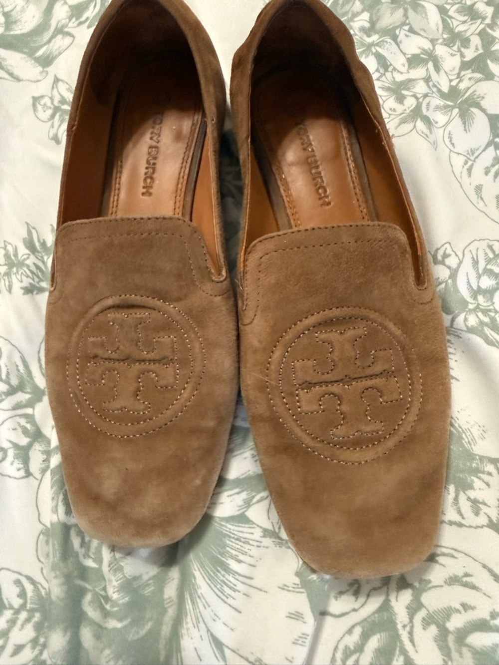 Tory Burch Tan Suede Logo Slip-On Loafers